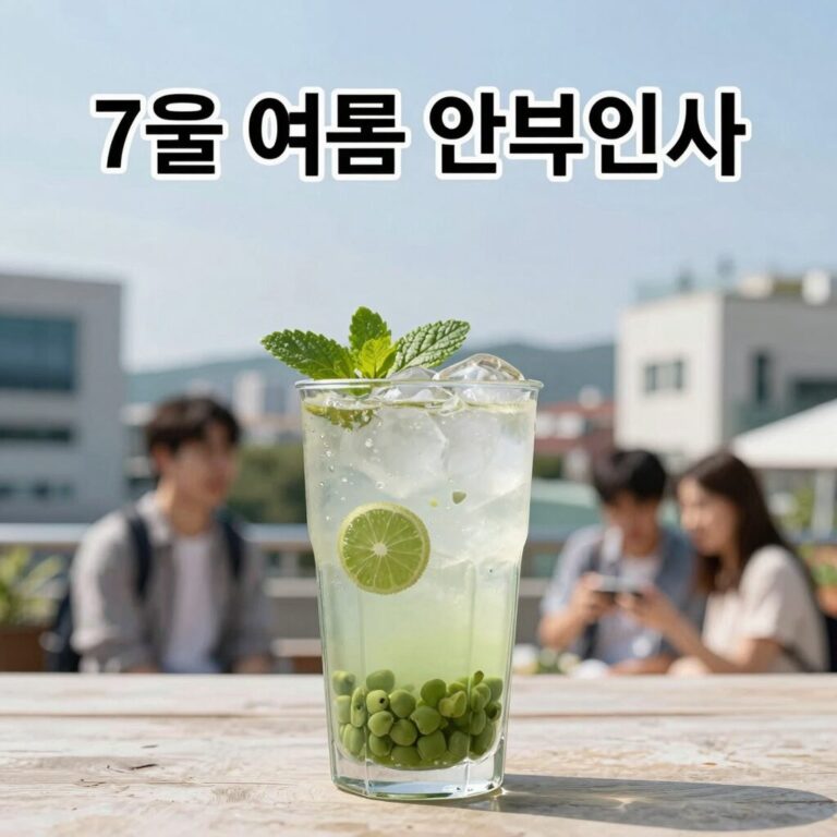 7월 여름 안부인사 문구와 시원한 음료 이미지