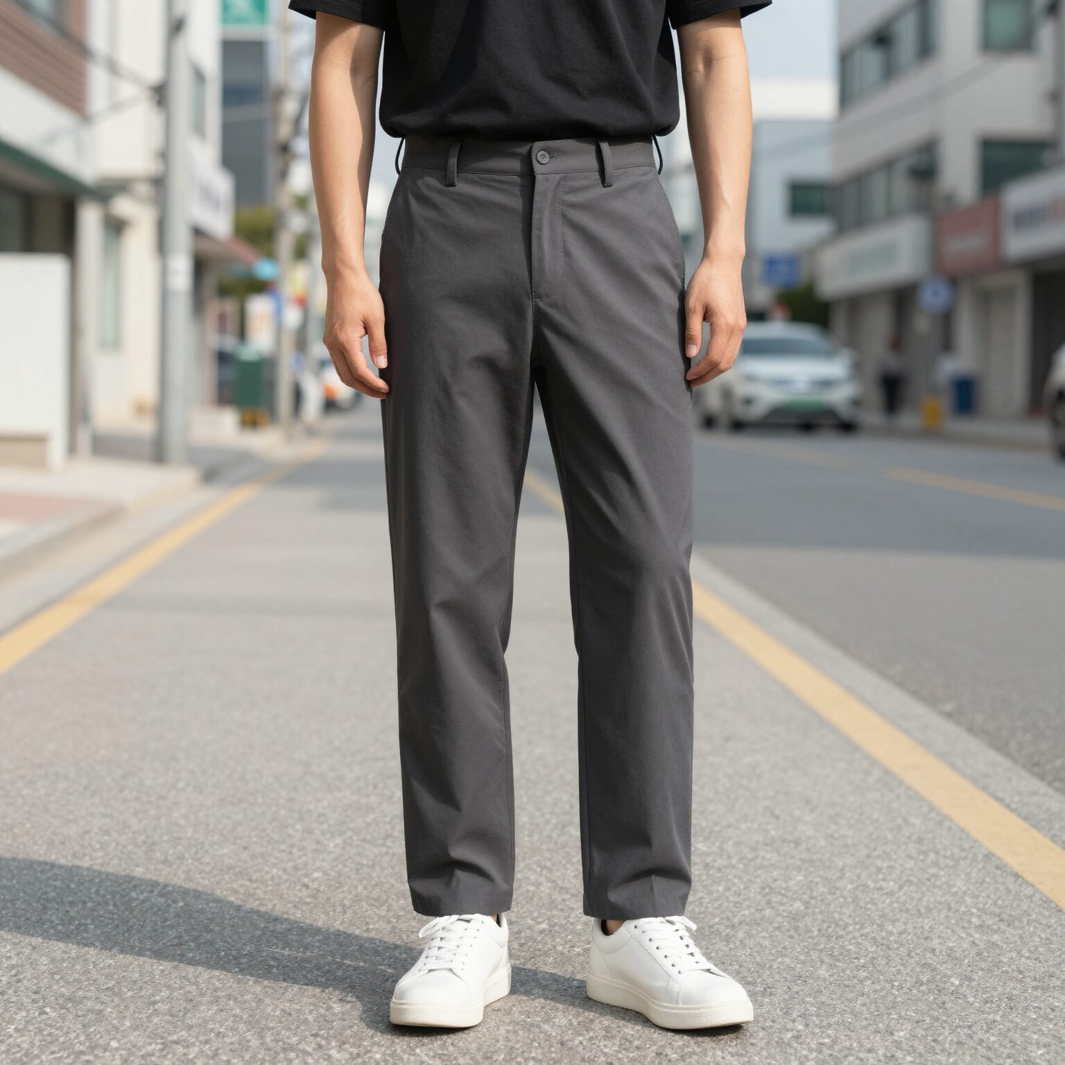 남자 마바지 와이드핏 슬랙스를 입고 편안하게 서 있는 모습