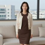 나시 원피스가디건 세트를 입은 여성이 거실에서 포즈를 취하고 있는 모습, 차콜브라운 원피스와 바닐라 미니 가디건 조합