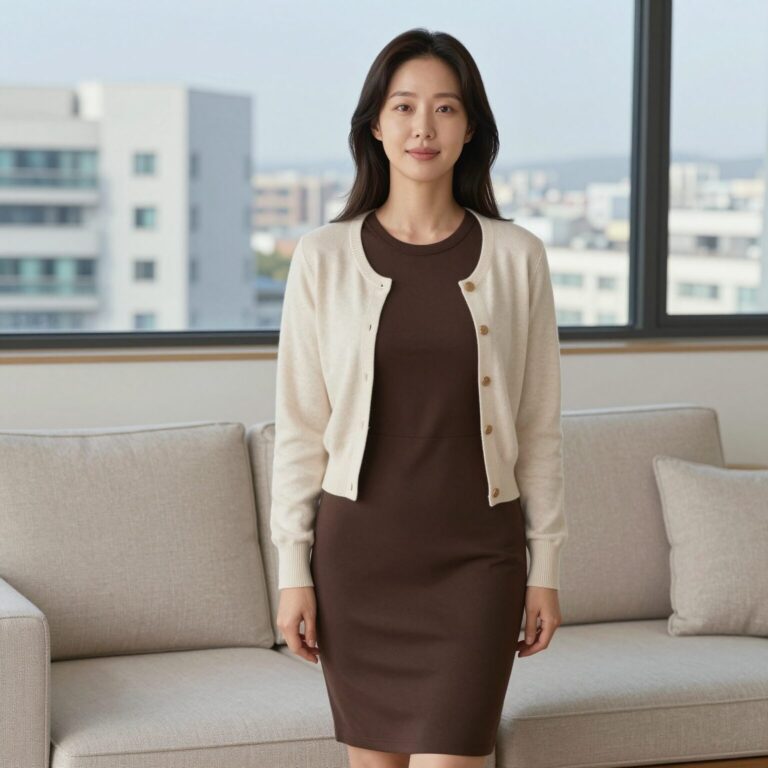 나시 원피스가디건 세트를 입은 여성이 거실에서 포즈를 취하고 있는 모습, 차콜브라운 원피스와 바닐라 미니 가디건 조합