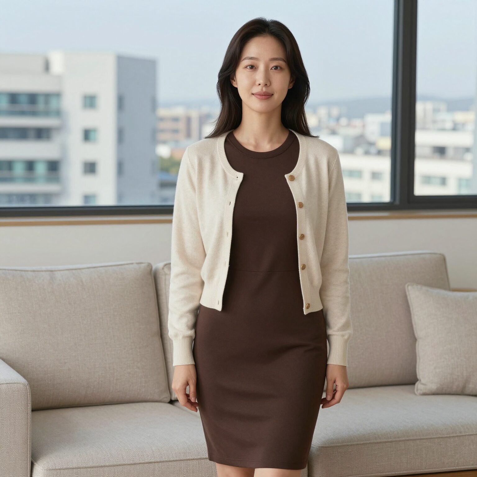 나시 원피스가디건 세트를 입은 여성이 거실에서 포즈를 취하고 있는 모습, 차콜브라운 원피스와 바닐라 미니 가디건 조합