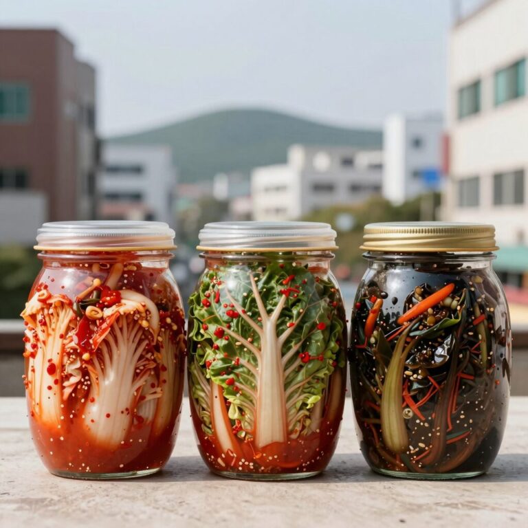 여름 반찬 종류 네 가지를 나란히 담은 사진 상추물김치 노각무침 울외장아찌 무생채