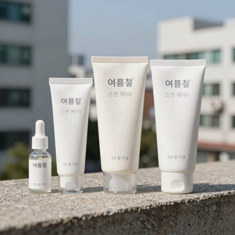 여름철 스킨케어 제품을 서늘하고 어두운 곳에 보관하는 모습