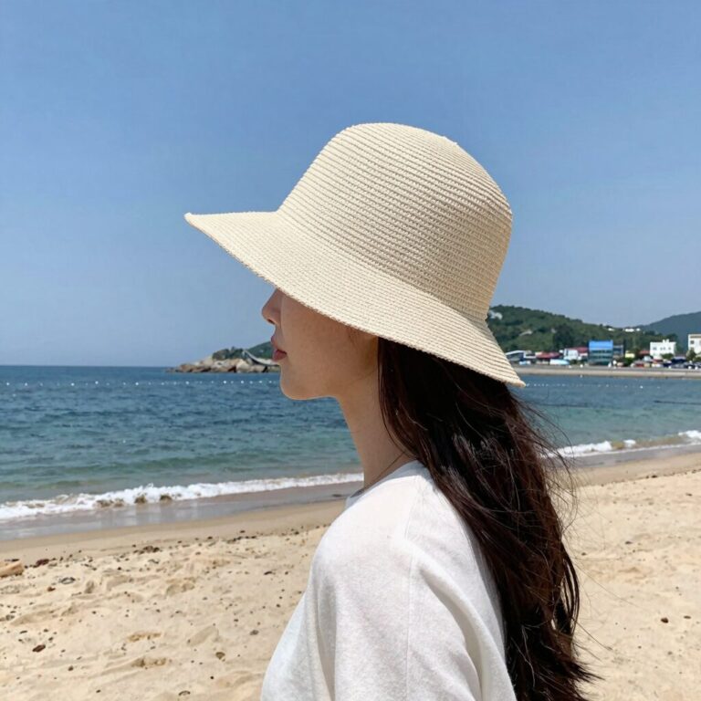 베이지색 밀짚모자를 쓴 여성이 해변에서 포즈를 취하고 있는 모습