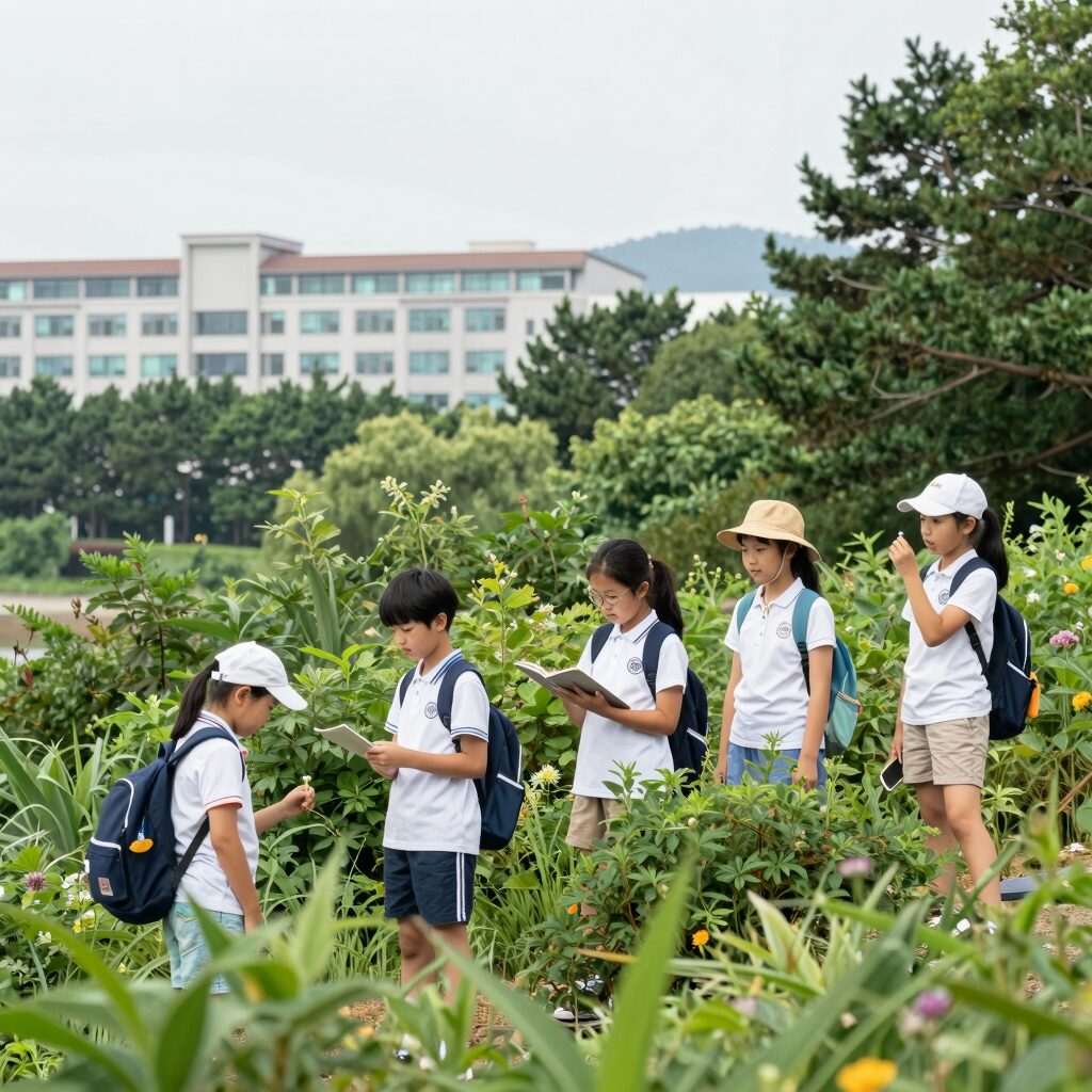 여름방학 체험 프로그램 아이들이 숲에서 자연을 관찰하는 모습