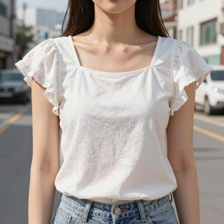 여름 어깨트임 블라우스를 입고 있는 여성의 모습. 퍼프소매와 프릴 장식이 체형을 부드럽게 감싸주는 디자인