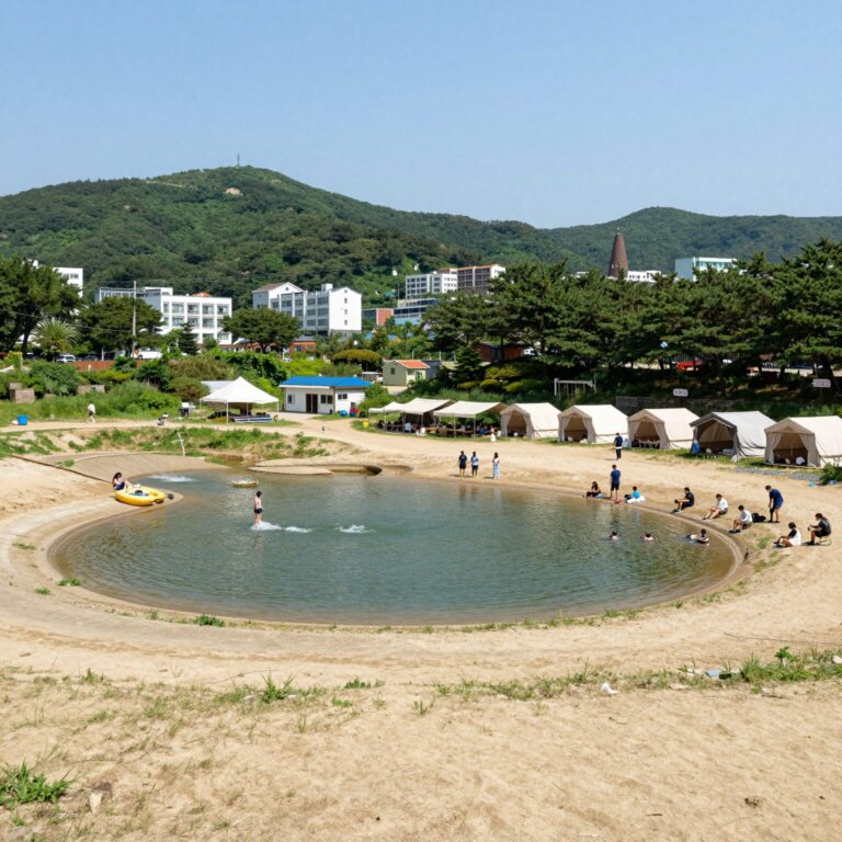 광릉숲266 셀프바베큐장 전경으로 물놀이터와 평상, 방갈로가 보임