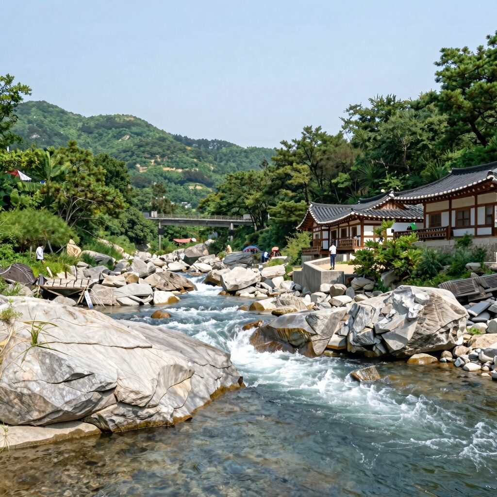 수락계곡 펜션 전경과 계곡 풍경