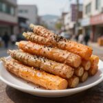 아삭한 고구마 줄기 무침 접시에 담긴 모습, 참깨가 뿌려져 있음
