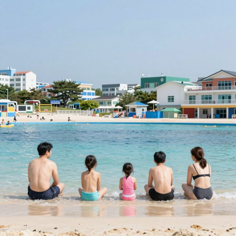 태안 수영장 펜션에서 가족이 물놀이를 즐기는 모습
