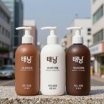 태닝 로션 종류별 비교 사진: 브라운, 화이트, 다크 로션 병들이 나란히 놓여 있음