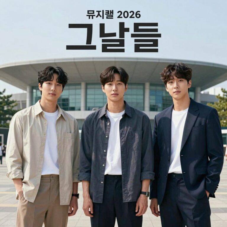 뮤지컬 그날들 2026 출연진 엄기준 박규원 이지수 포스터와 디큐브링크아트센터 무대 사진