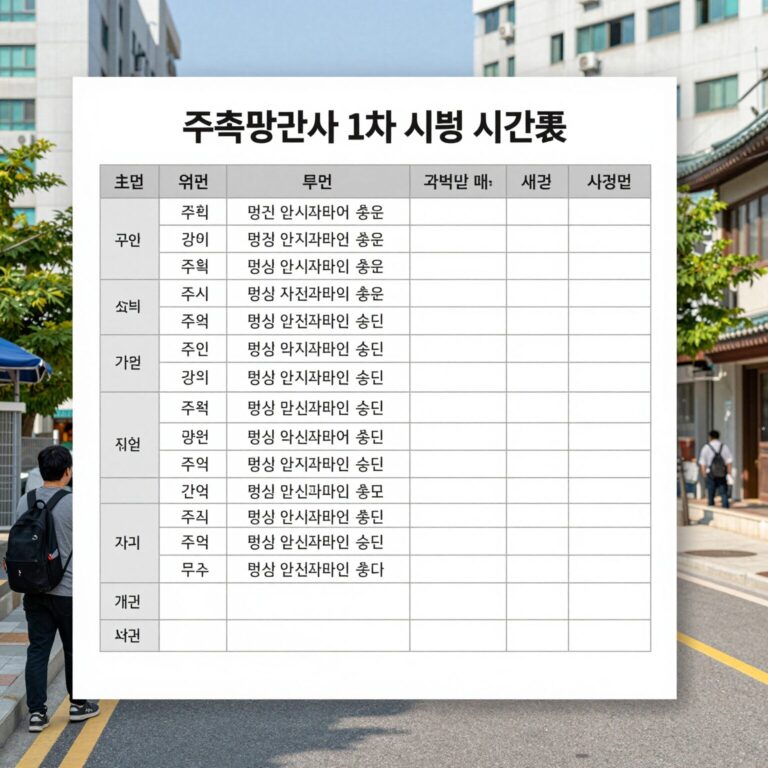주택관리사 1차 시험 시간표와 과목별 배점을 표로 정리한 이미지