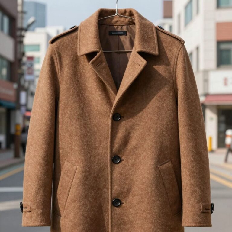 톰보이 레귤러카라 히든버튼 코트 앞모습 실사, 멜란지브라운 색상, 옷걸이에 걸린 모습