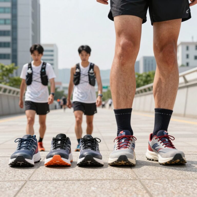 트레일 러닝화 아웃솔과 갑피 비교. 접지력과 내구성을 확인할 수 있는 다양한 모델들이 나란히 놓여 있다.