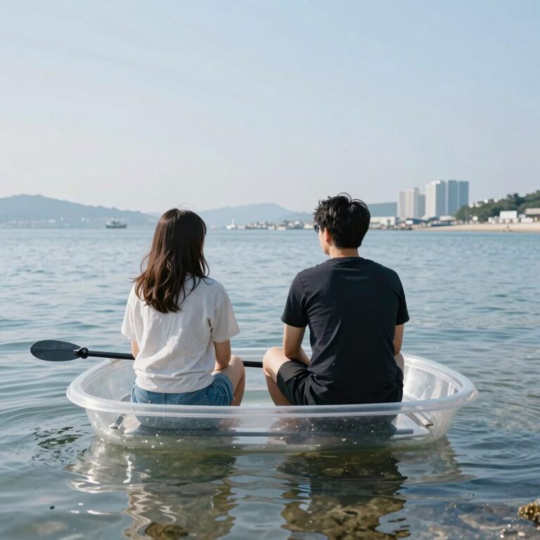 2인용 튜브 보트 투명 바닥에서 바다 속을 바라보는 모습