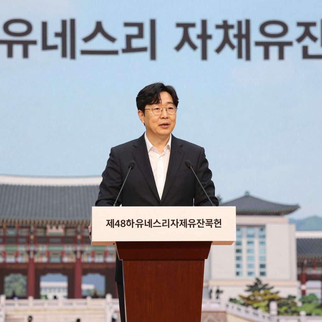 지드래곤이 부산 벡스코에서 열린 제48차 유네스코 세계유산위원회 개회식에서 연설하는 모습