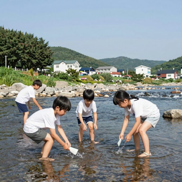 동두천 왕방계곡에서 아이들이 물고기를 잡으며 물놀이하는 모습