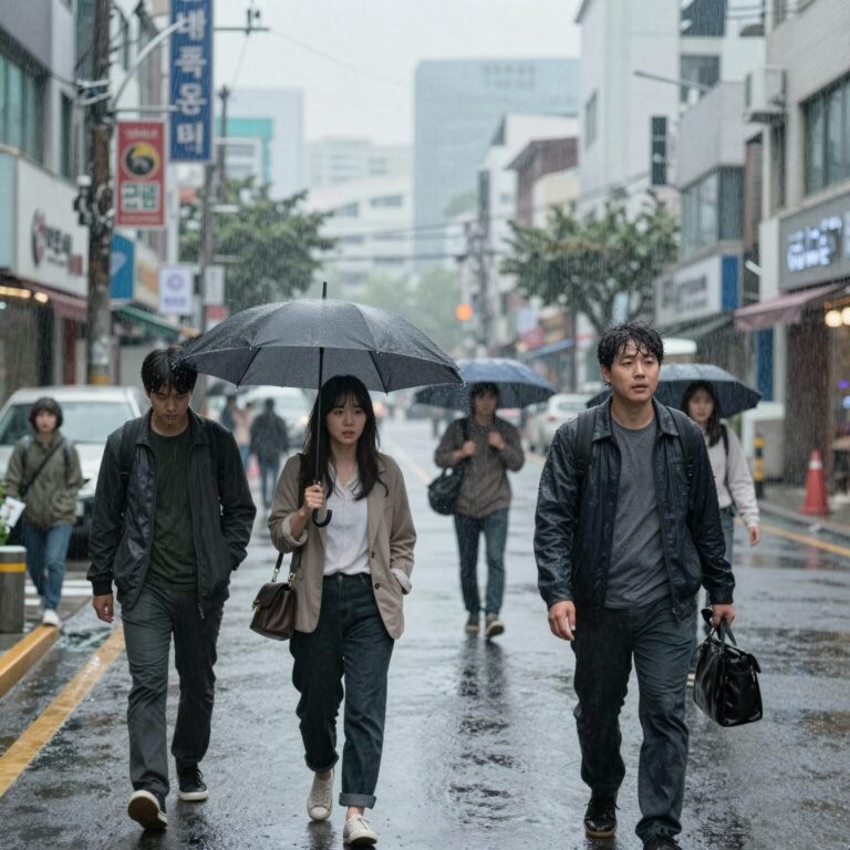꿈속에서 물폭탄을 맞는 장면을 표현한 이미지