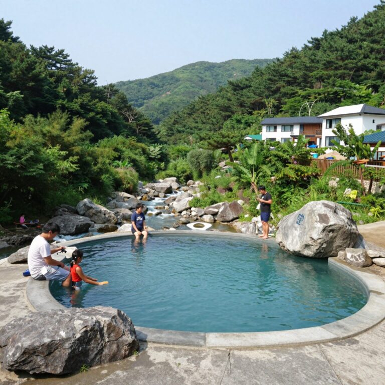물한계곡 펜션에서 바라본 시원한 계곡 전경과 야외 수영장