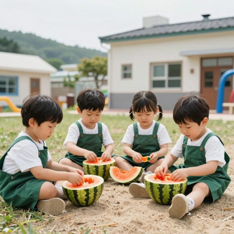 초복 어린이집 수박파티 아이들이 수박 옷을 입고 즐거워하는 모습