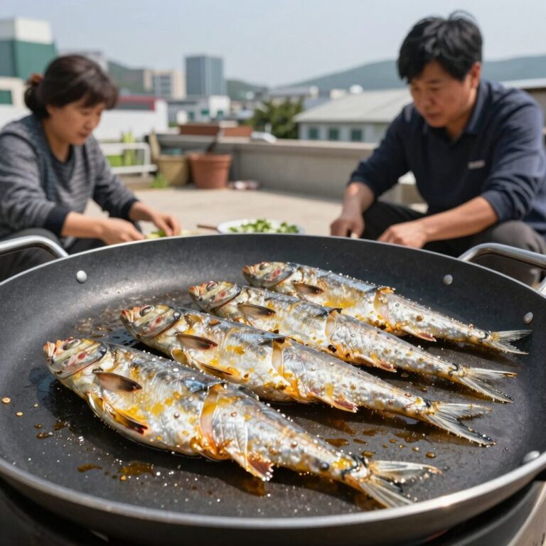 수박 껍질을 깔고 고등어를 굽는 과정을 보여주는 사진으로 기름이 튀지 않고 깔끔하게 조리되는 모습