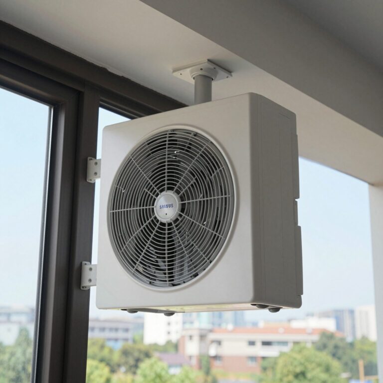 삼성 창문형 에어컨을 실제 창문에 설치한 완료 모습. 거치대와 본체가 깔끔하게 고정되어 있다.
