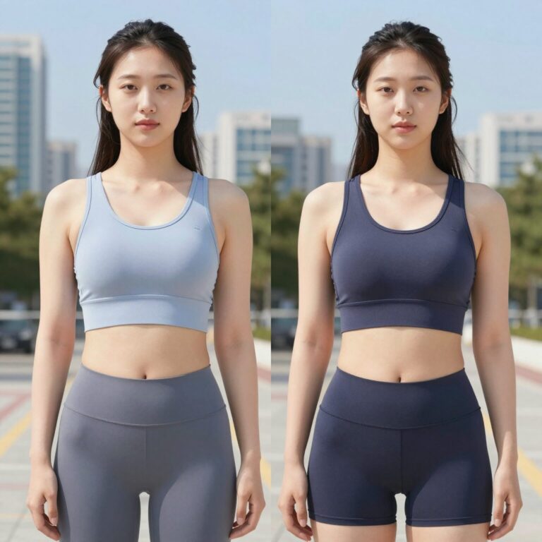 여성 래쉬가드 소재 비교 이미지로 나일론과 폴리에스터 차이를 보여줌