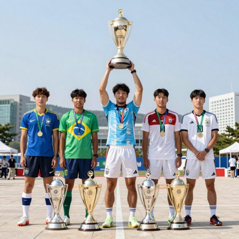 역대 월드컵 우승국 트로피를 든 선수들 합성 사진, 브라질 아르헨티나 독일 등이 함께 나와있는 이미지