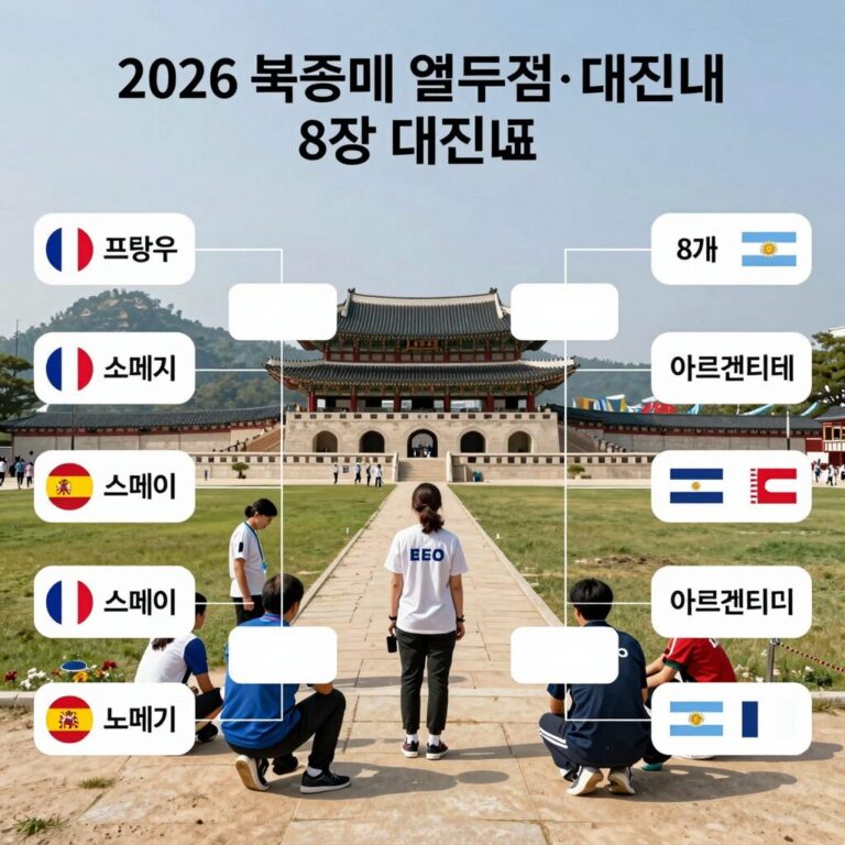 2026 북중미 월드컵 8강 대진표 브라켓 이미지. 프랑스, 스페인, 노르웨이, 아르헨티나 등 8개 팀의 대진과 경기 장소가 표시됨