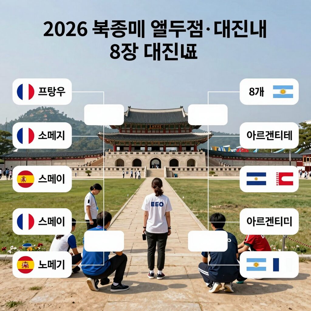 2026 북중미 월드컵 8강 대진표 브라켓 이미지. 프랑스, 스페인, 노르웨이, 아르헨티나 등 8개 팀의 대진과 경기 장소가 표시됨
