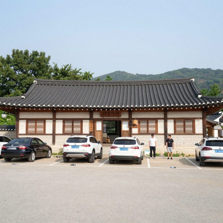 양주 여울목펜션 외관과 주차장 모습, 단체 모임에 적합한 숙소