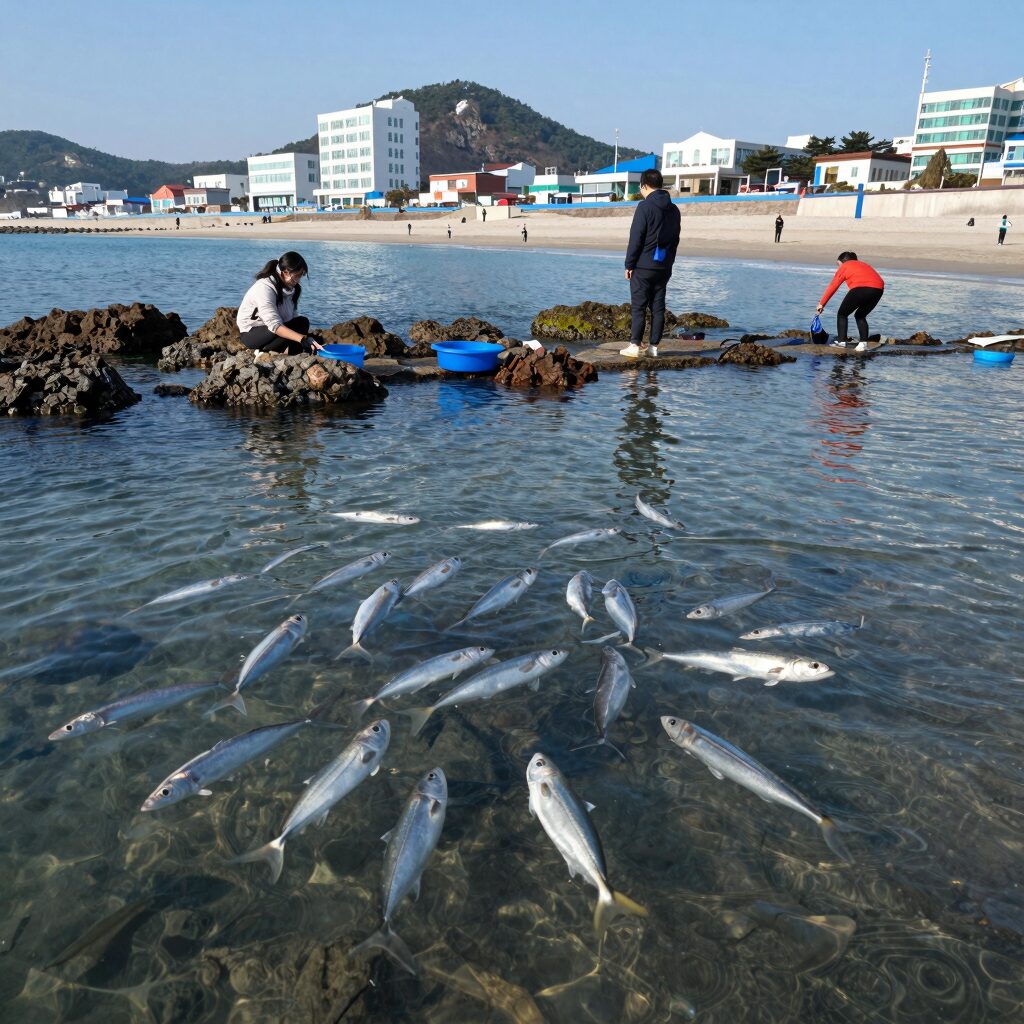양양 광진해변 스노클링 포인트에서 물고기 떼를 바라보는 모습