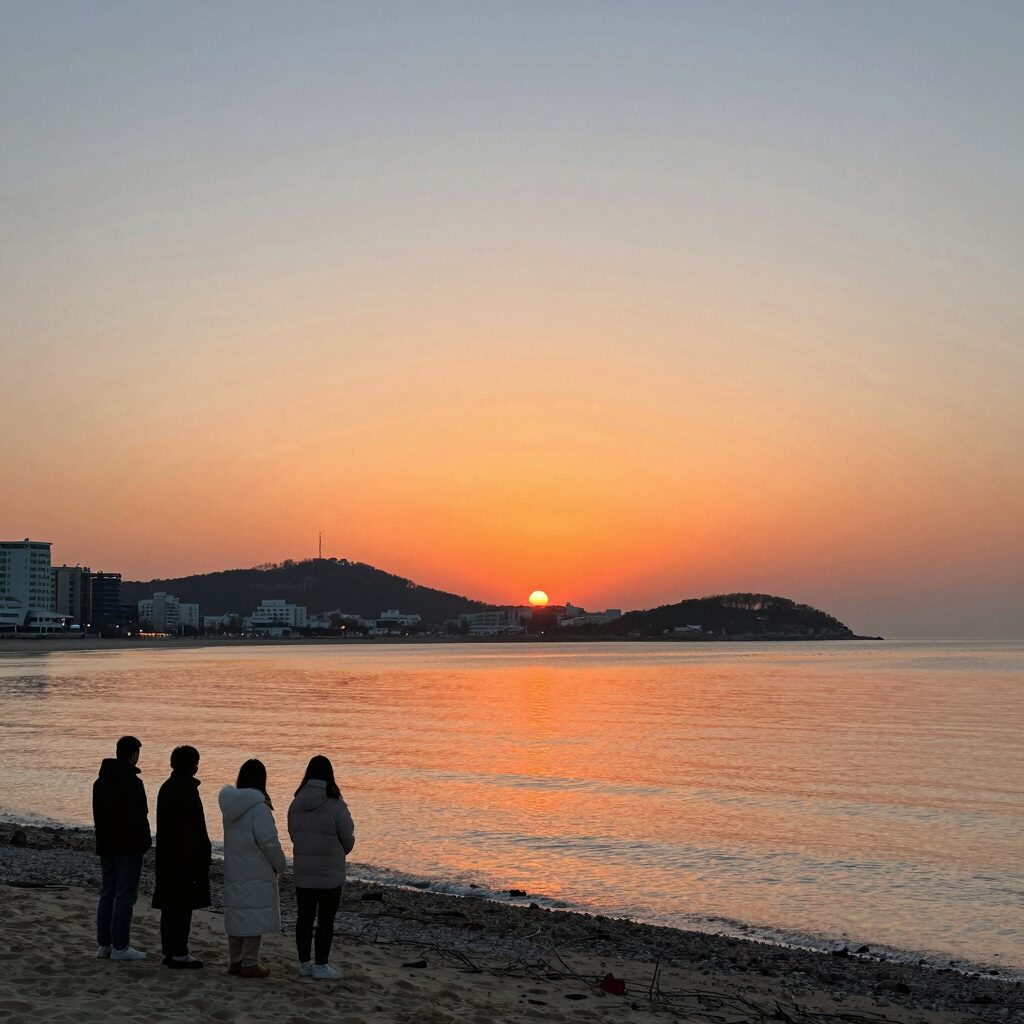 강릉 영진해변 일출 풍경 붉은 노을