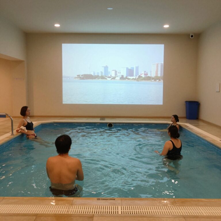 영종도 데이메르 실내 온수풀과 빔프로젝트 화면이 함께 있는 공간