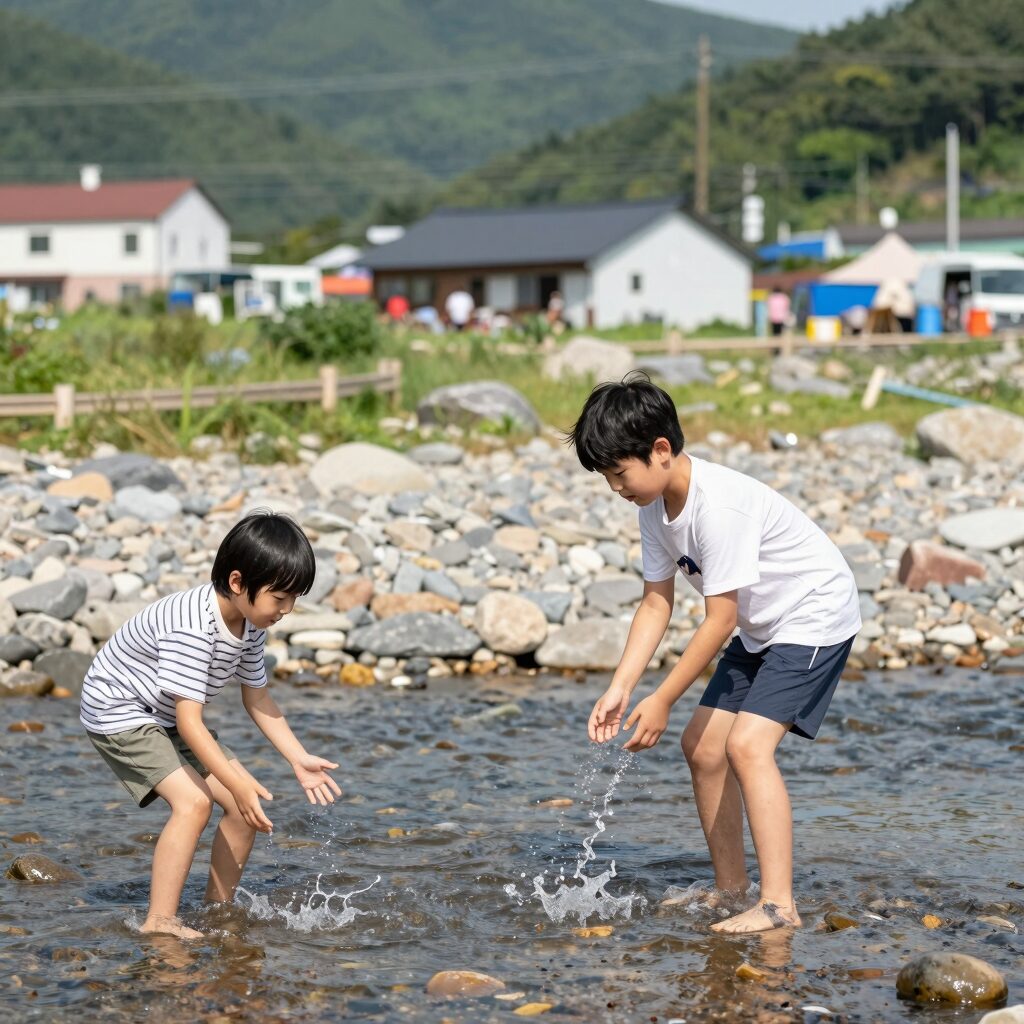 영월 계곡 캠핑장 법흥계곡에서 물놀이하는 아이들