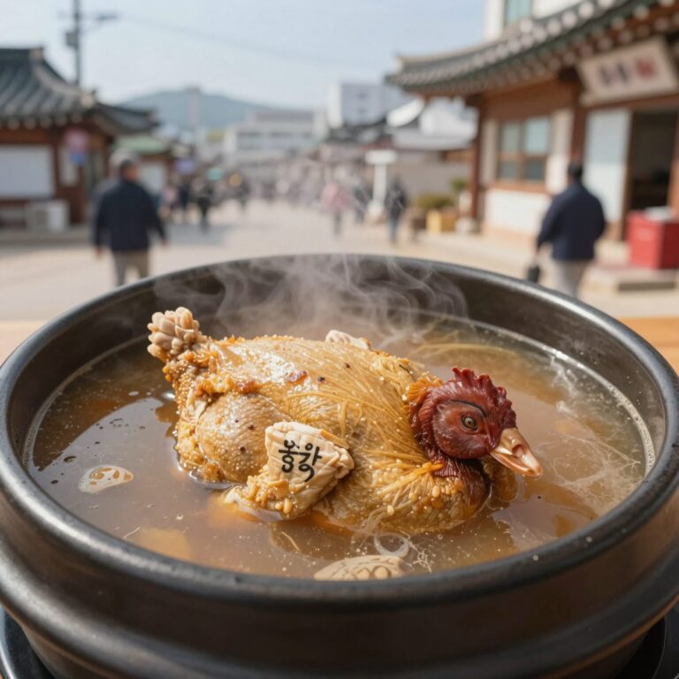 여수 학동 삼계탕 명성참옻닭 참옻삼계탕 국물이 진하게 끓는 모습
