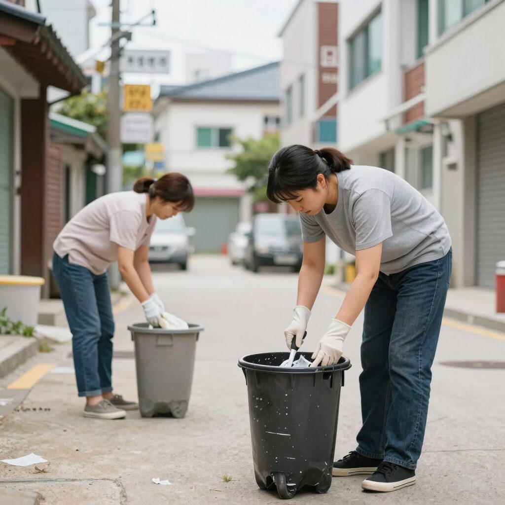 펜션 퇴실 전 청소를 위해 식기를 헹구고 분리수거한 모습