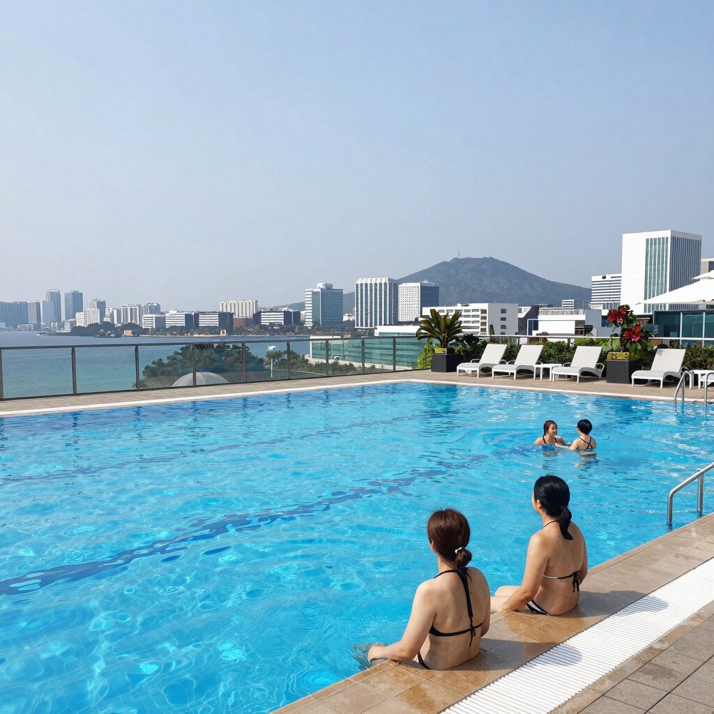 제주 위호텔 수영장 실내 풀과 야외 수영장이 이어진 전경