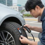 벤츠 타이어 공기압 경고등 관리와 대처 벤츠 타이어 공기압 경고등을 확인하며 휴대용 공기압 주입기로 점검하는 모습