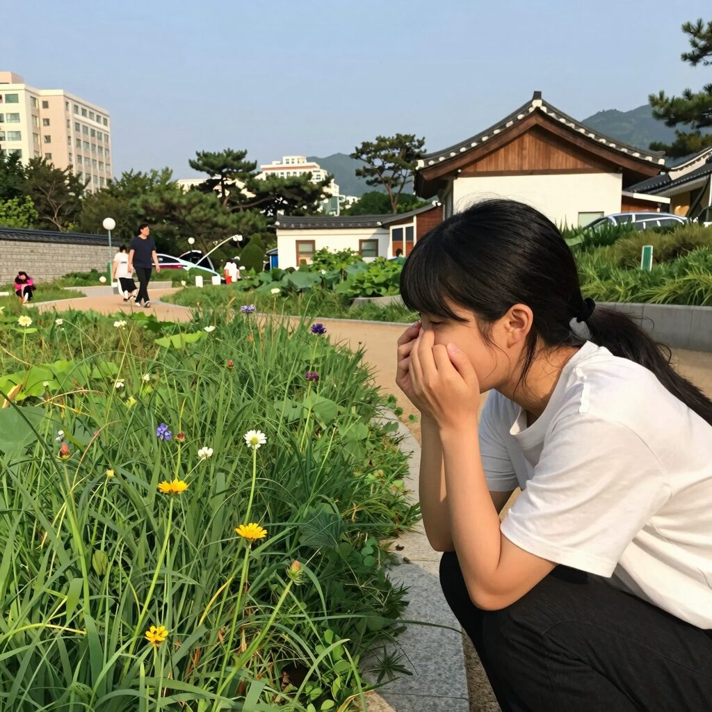 달빛 아래 정원에서 귀뚜라미 울음소리를 듣고 있는 사람