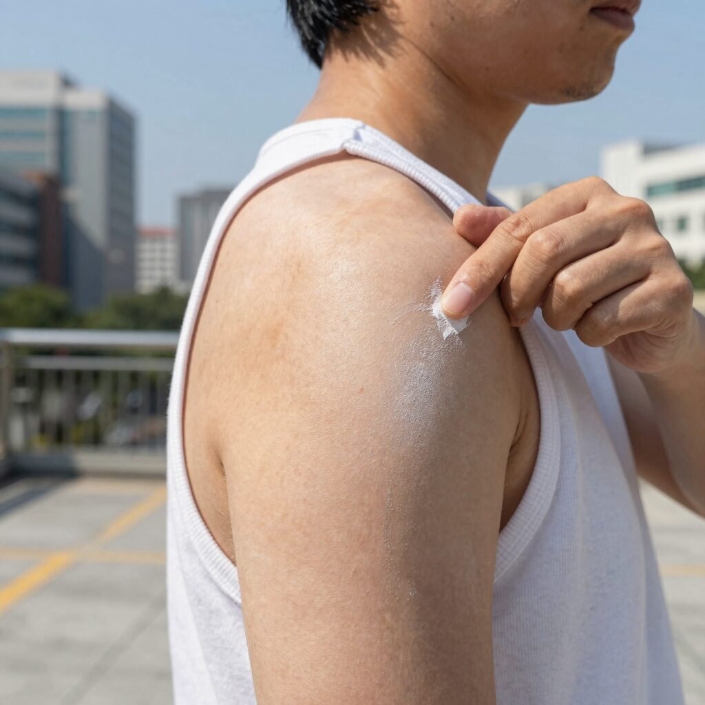 성인 땀띠 파우더를 팔 안쪽에 얇게 바르는 장면
